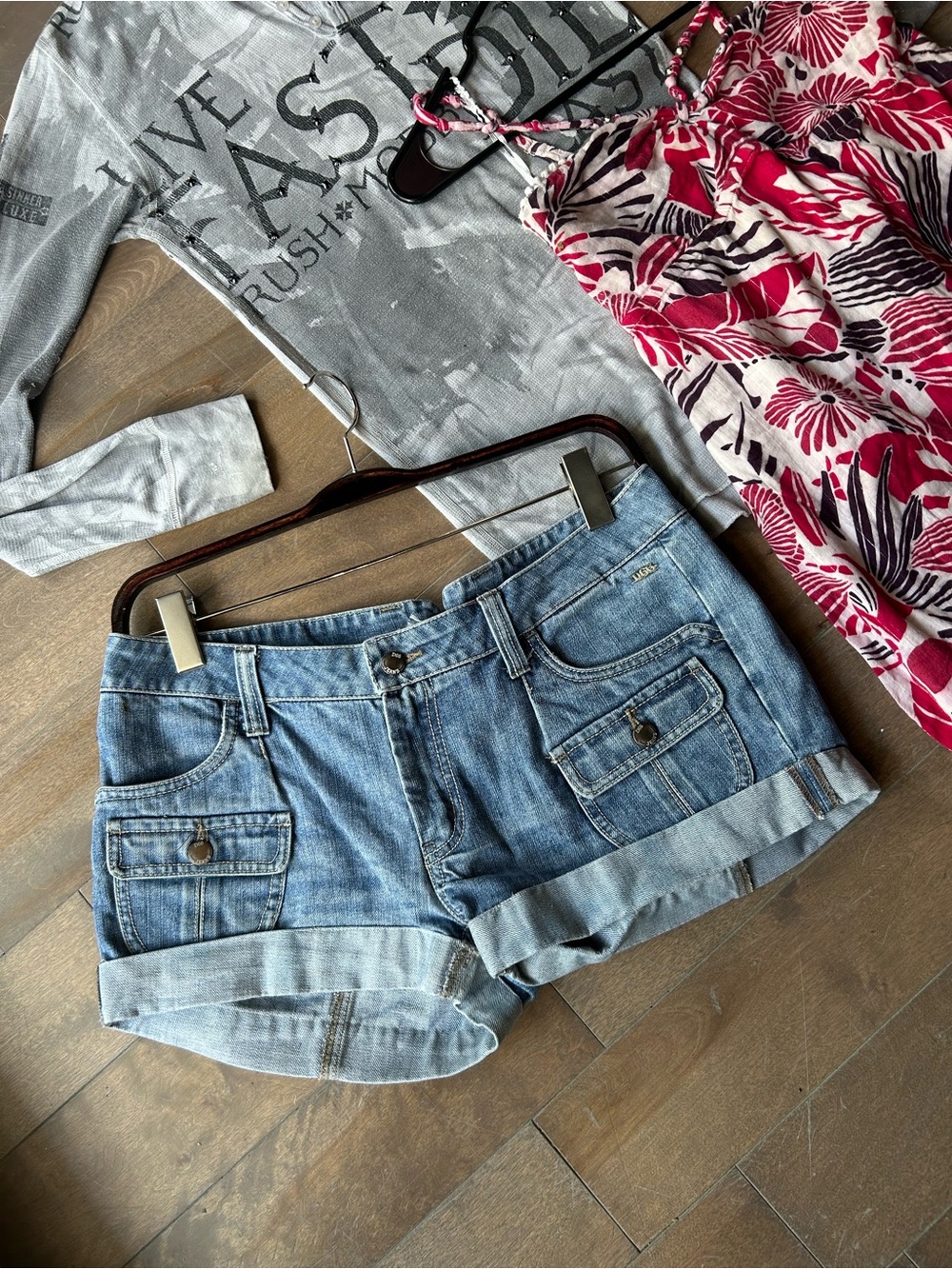 Denim Roll-Cuff Utility Shorts - Light Blue
